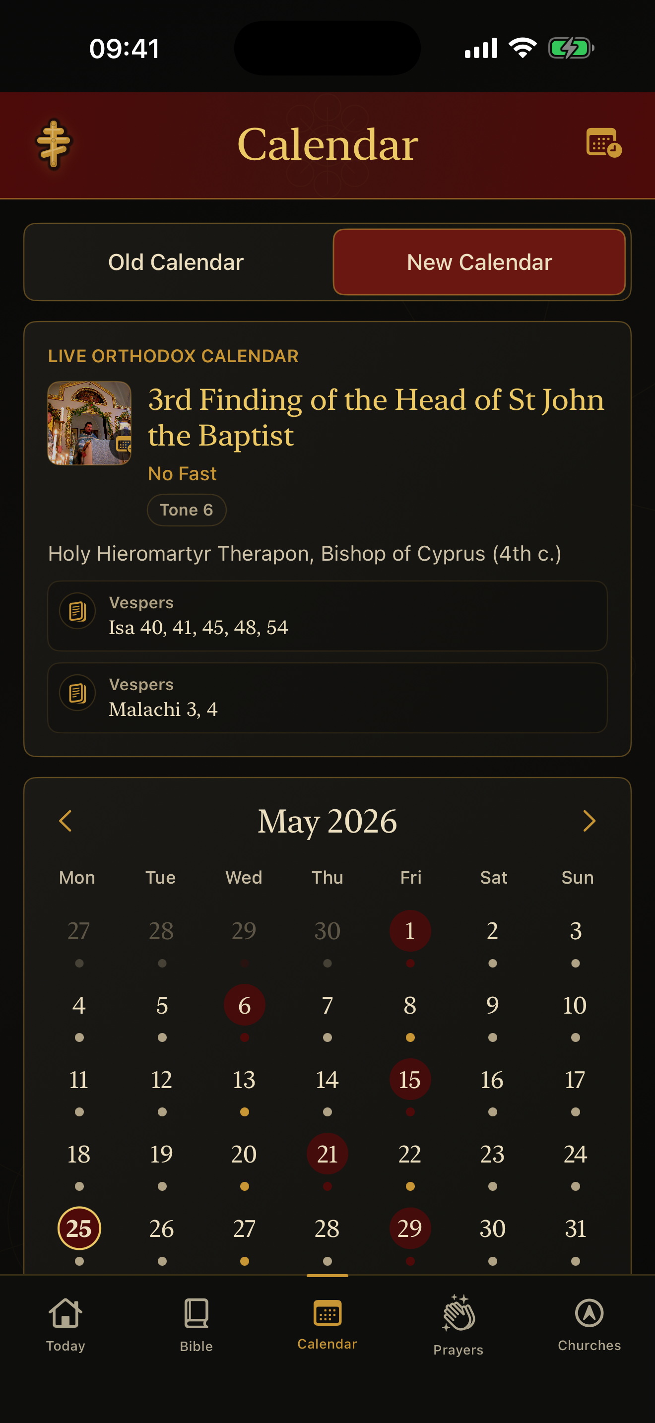 Calendar screen in Orthodox Daily Prayer